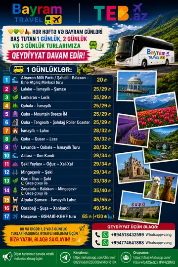 Hər həftə baş tutan 1 Günlük sərfəli Turlarımız! 