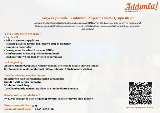 Qonaqpərvərlik və Turizm sahəsində maaşlı və sonda işlə təmin edən Ödənişsiz Təcrübə Proqramına Qeydiyyat! 