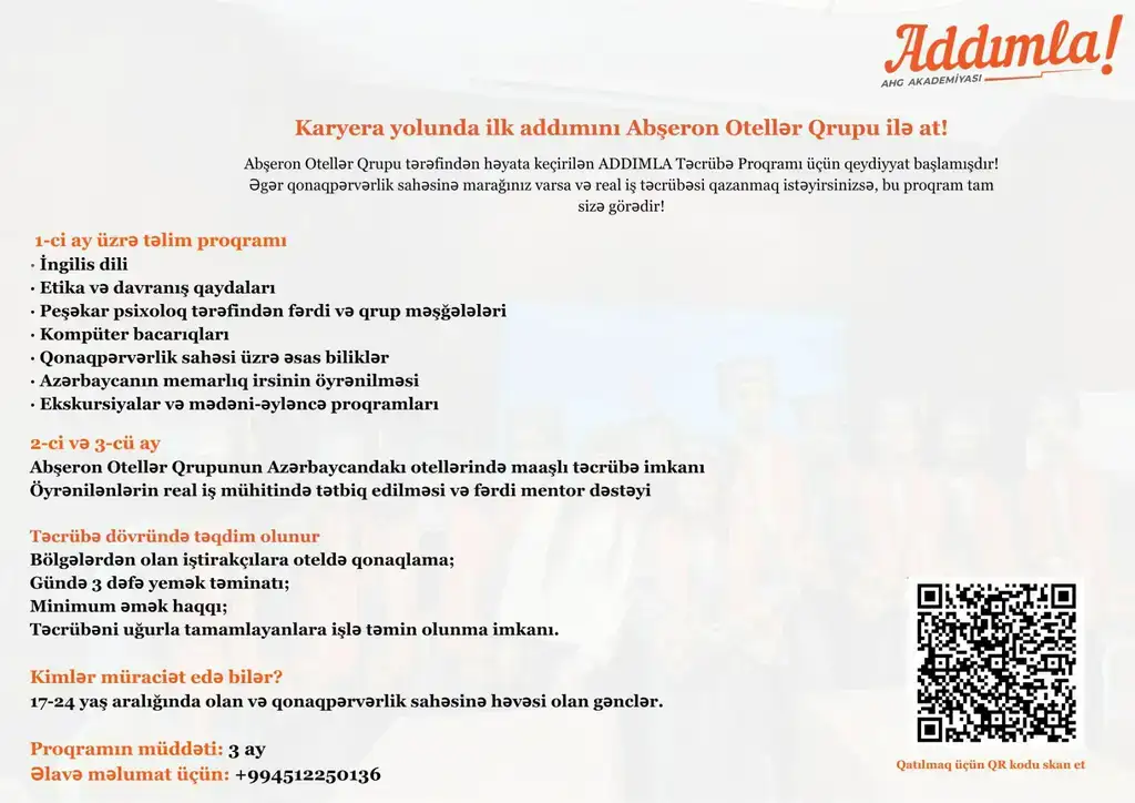 Qonaqpərvərlik və Turizm sahəsində maaşlı və sonda işlə təmin edən Ödənişsiz Təcrübə Proqramına Qeydiyyat! 